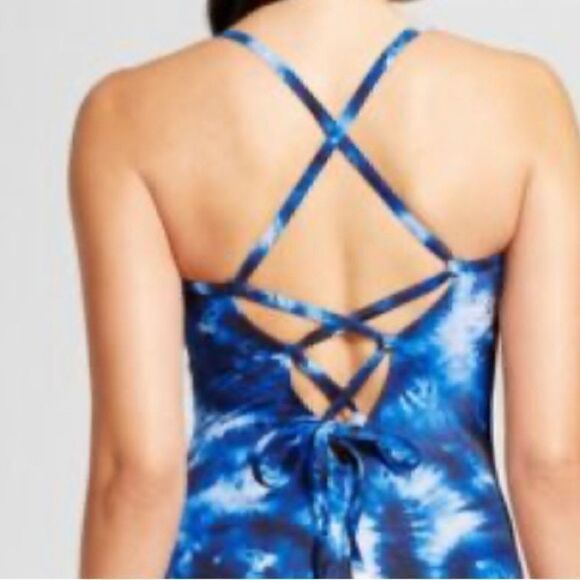 New! Target Aqua Green Women's Shirred Strappy Back One Piece Swim Blue Tie Dye - Picture 10 of 11